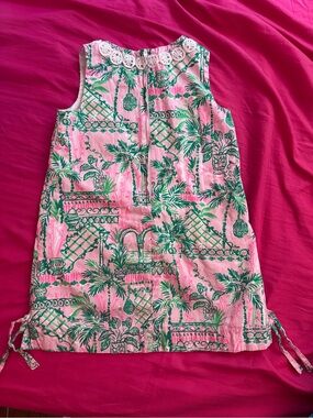 Lilly Pulitzer Pink and Green Printed Shift Dress with Crochet Trim